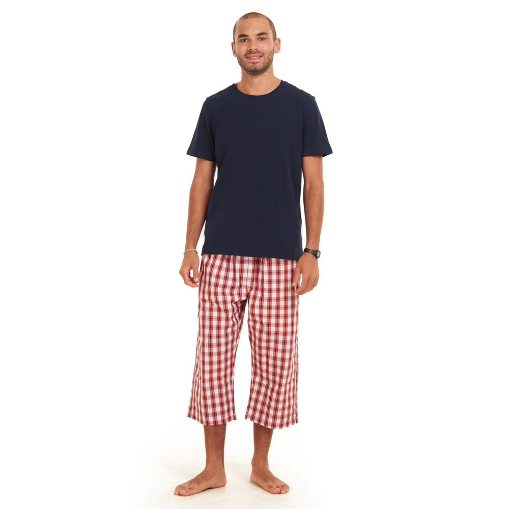 Men summer pajama set Dark Blue T-shirt + red x white checkered Pantacor - Image 5