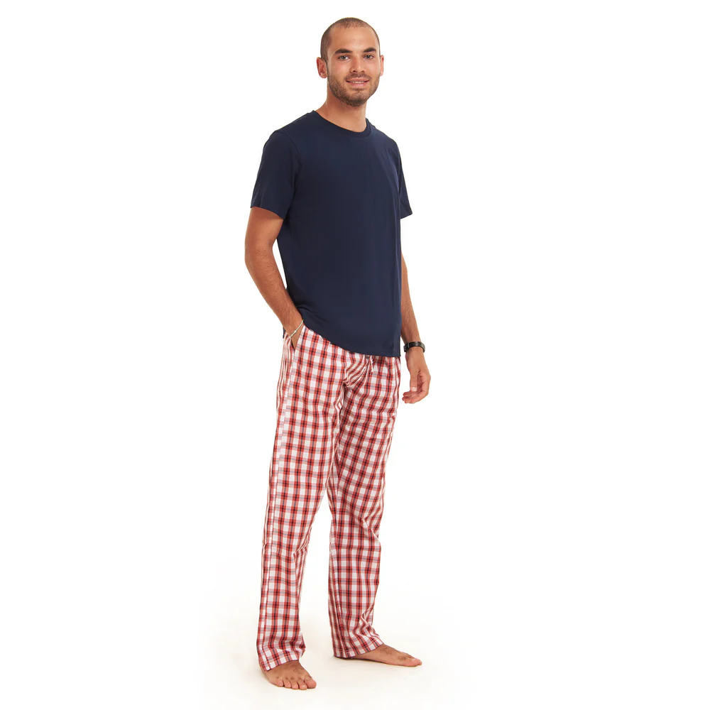 Men summer pajama set Dark Blue T-shirt + Red x White Checkered Pants - Image 2