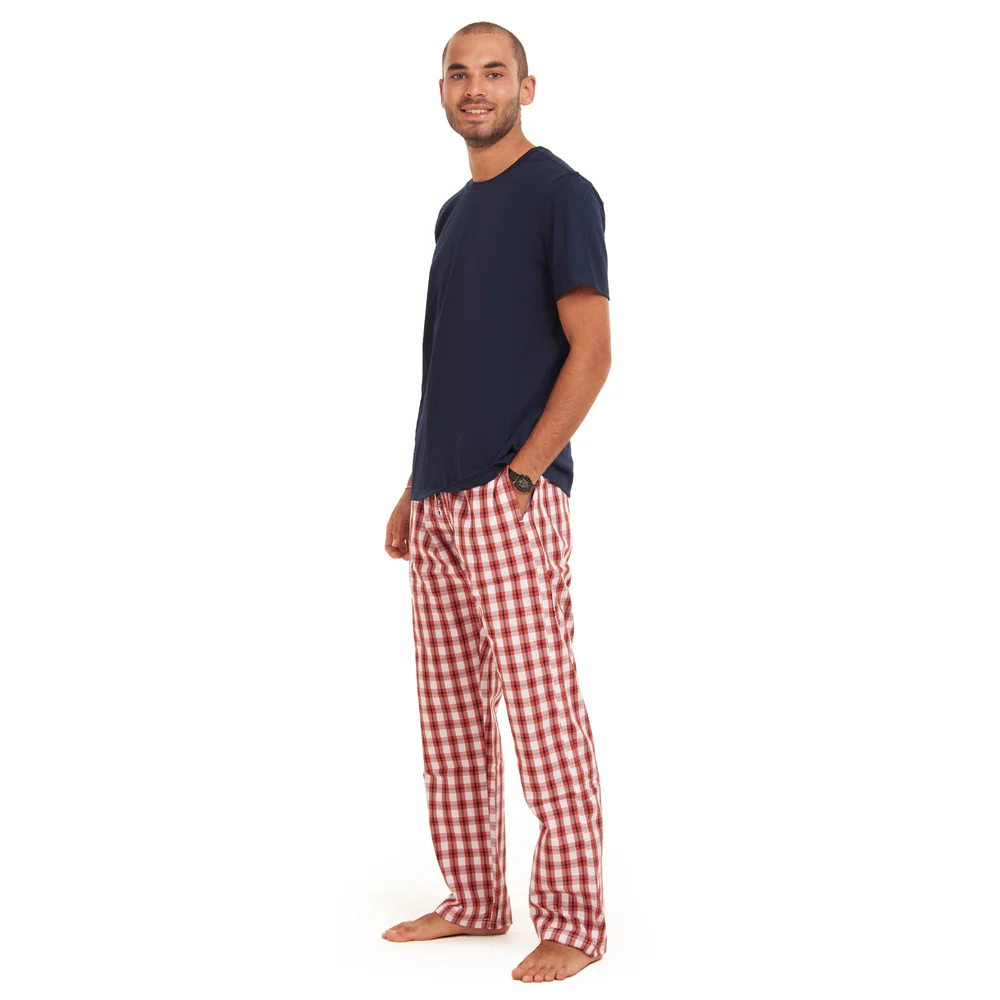 Men summer pajama set Dark Blue T-shirt + Red x White Checkered Pants - Image 3