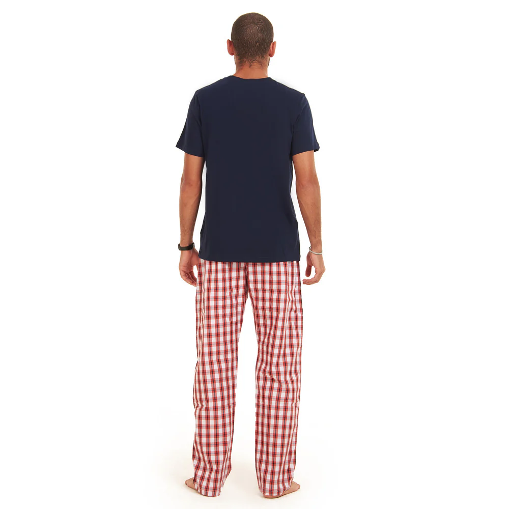Men summer pajama set Dark Blue T-shirt + Red x White Checkered Pants - Image 4