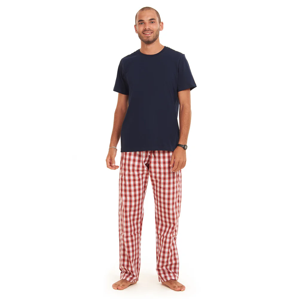 Men summer pajama set Dark Blue T-shirt + Red x White Checkered Pants - Image 5
