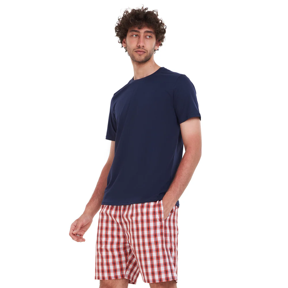 Men summer pajama set Dark Blue T-shirt + Red x White Checkered short - Image 2
