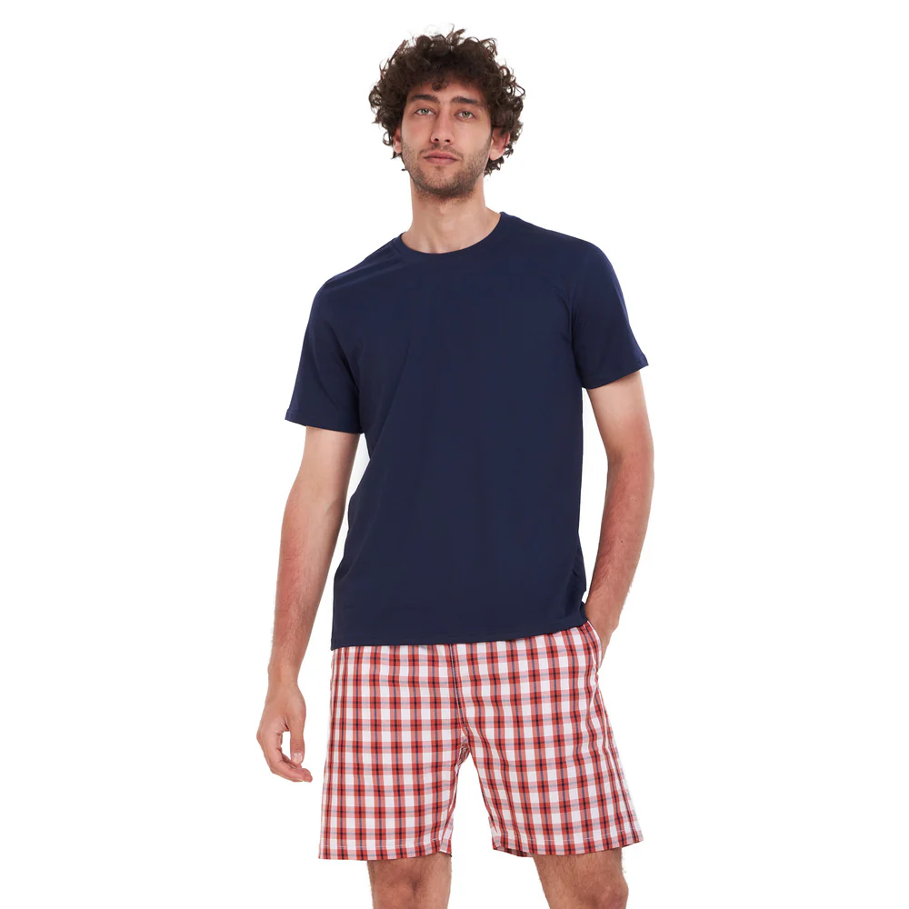 Men summer pajama set Dark Blue T-shirt + Red x White Checkered short - Image 3
