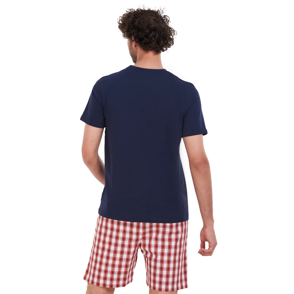 Men summer pajama set Dark Blue T-shirt + Red x White Checkered short - Image 4