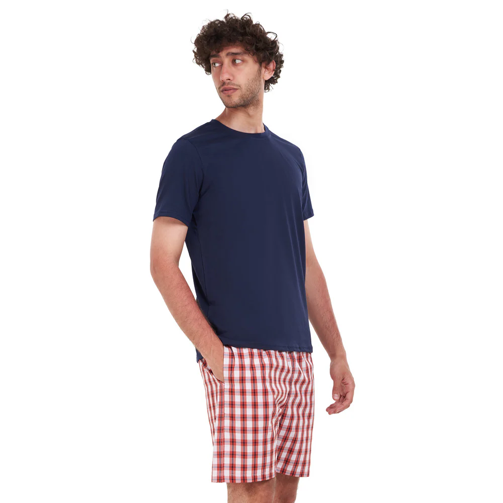 Men summer pajama set Dark Blue T-shirt + Red x White Checkered short - Image 5