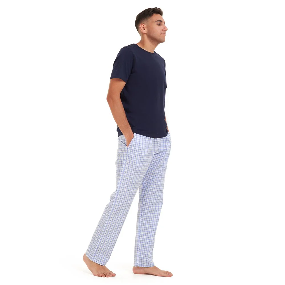 Men summer pajama set Dark blue t-shirt +White x blue checkered Pants - Image 2