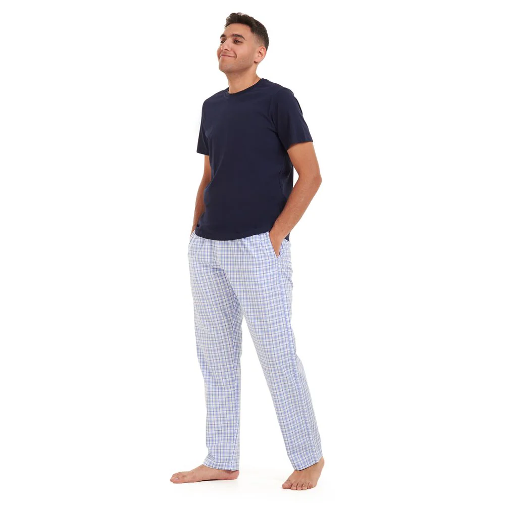 Men summer pajama set Dark blue t-shirt +White x blue checkered Pants - Image 3