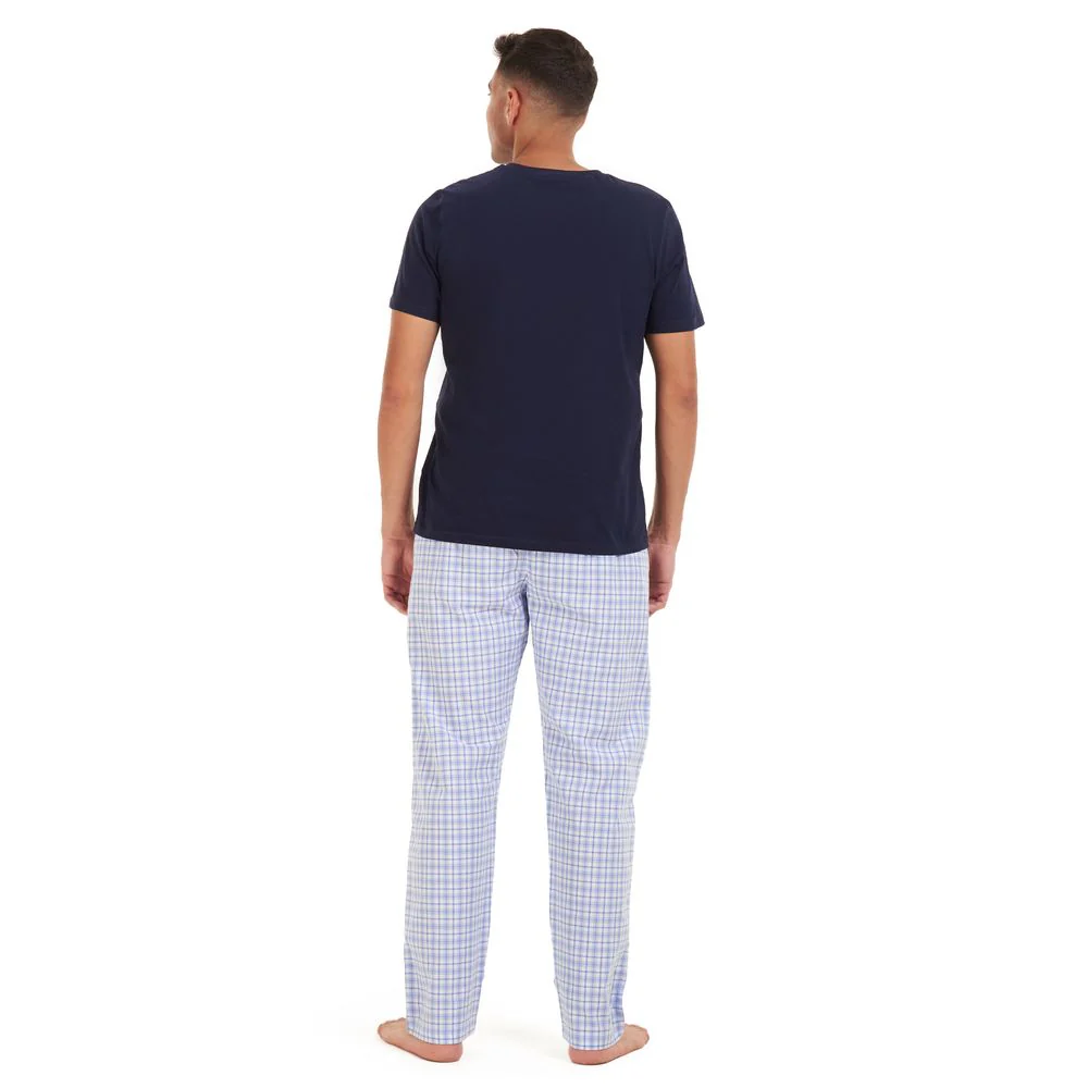 Men summer pajama set Dark blue t-shirt +White x blue checkered Pants - Image 4