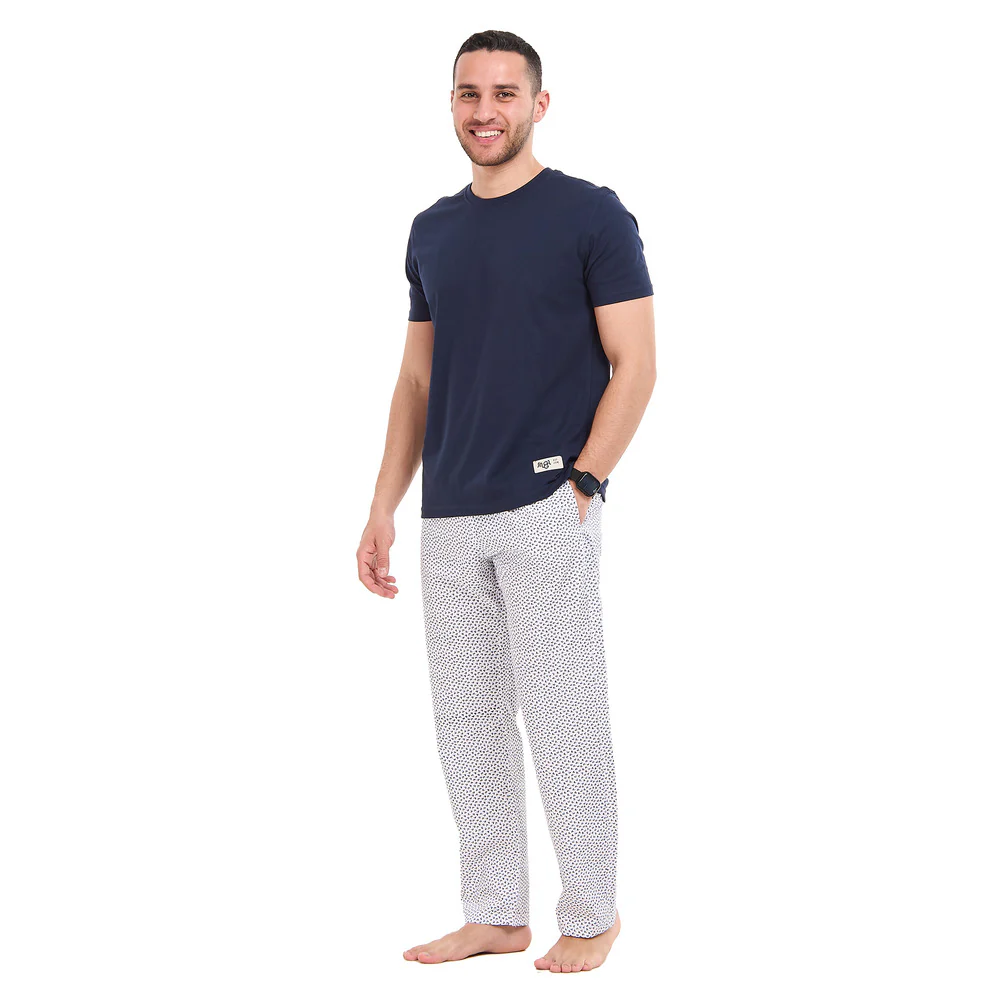 Men summer pajama set Dark blue T-shirt + White X Dark blue leaves Pants - Image 3