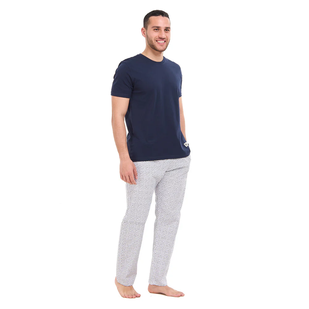 Men summer pajama set Dark blue T-shirt + White X Dark blue leaves Pants - Image 4