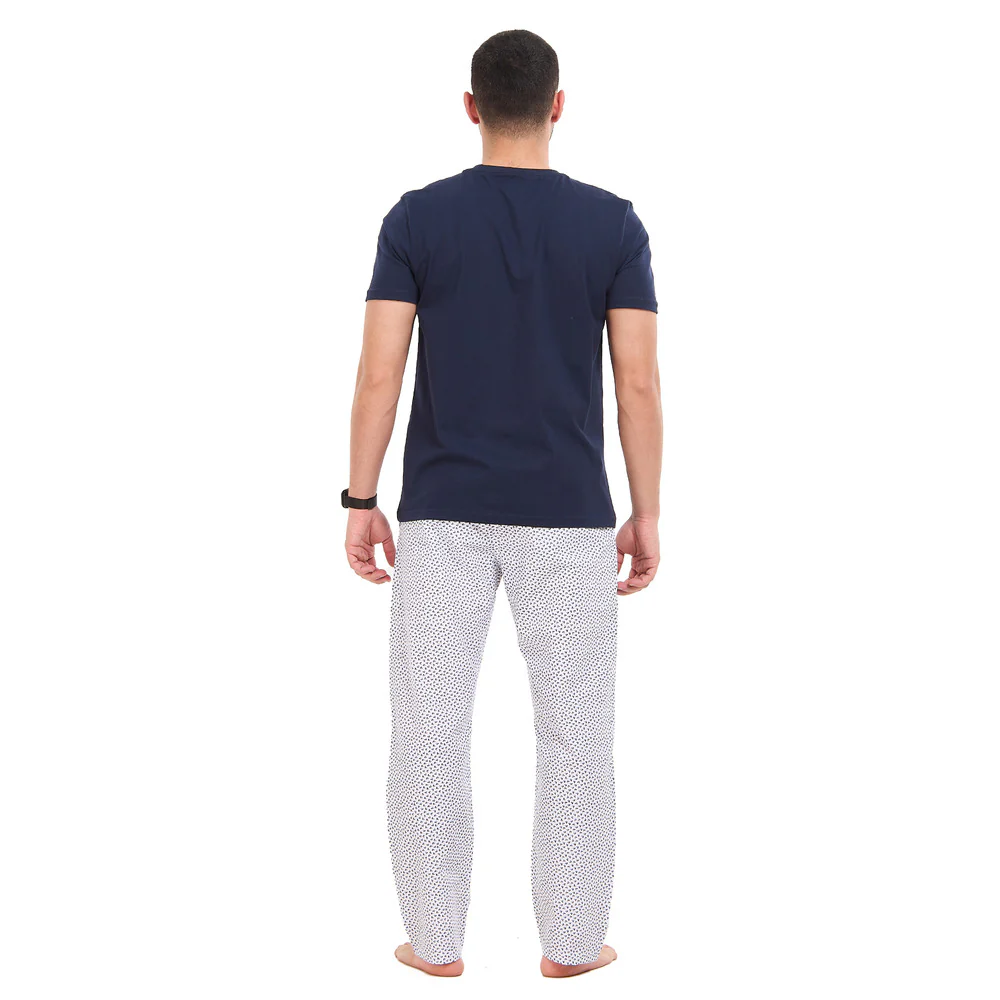 Men summer pajama set Dark blue T-shirt + White X Dark blue leaves Pants - Image 5