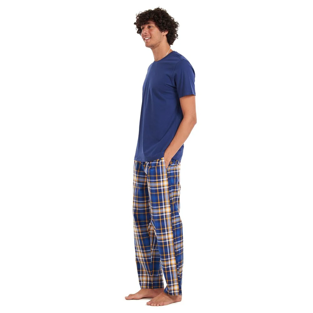 Men summer pajama set Dark blue T-shirt + Yellow checkered pants - Image 2