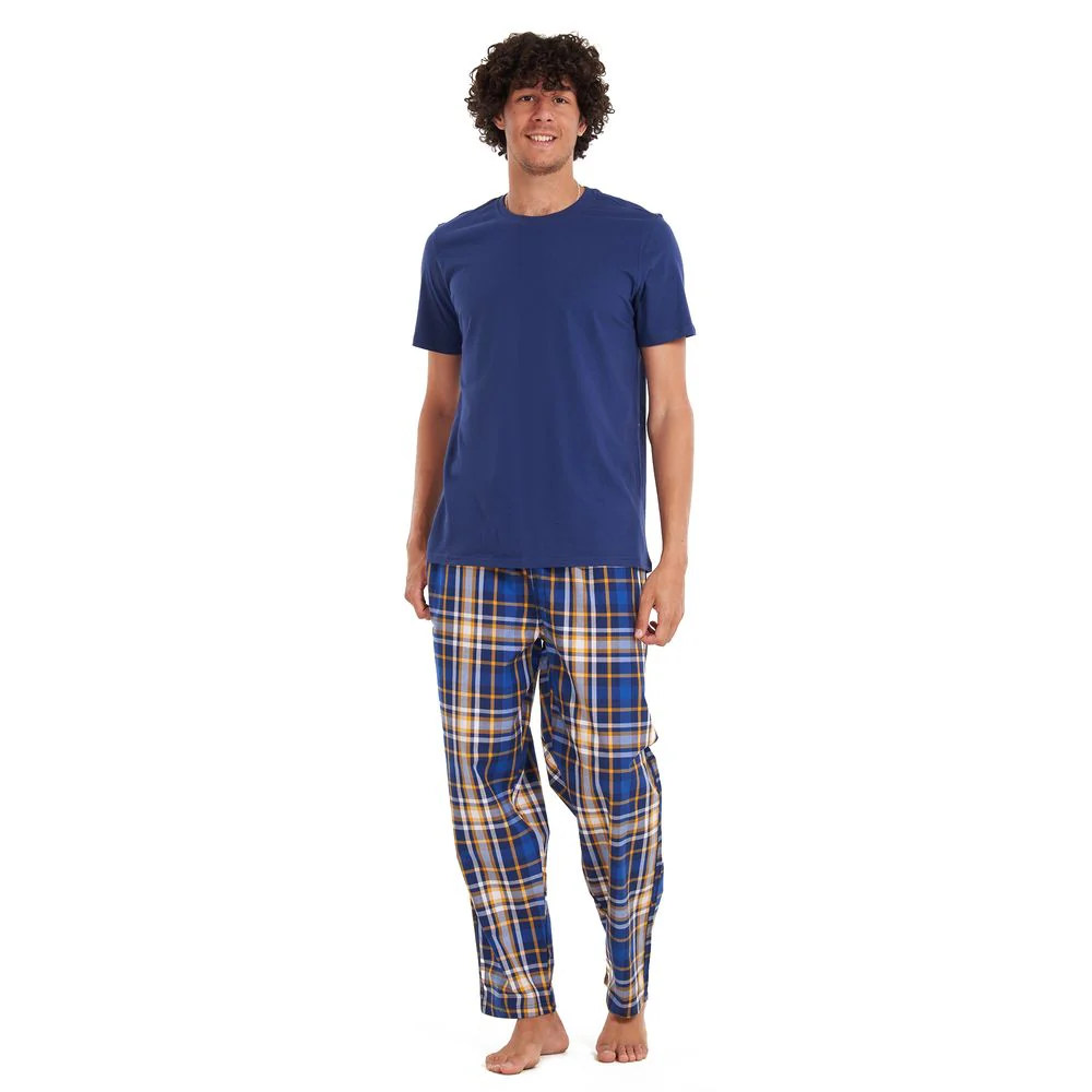 Men summer pajama set Dark blue T-shirt + Yellow checkered pants - Image 3
