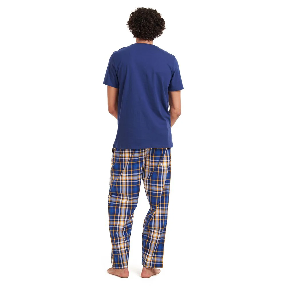 Men summer pajama set Dark blue T-shirt + Yellow checkered pants - Image 4