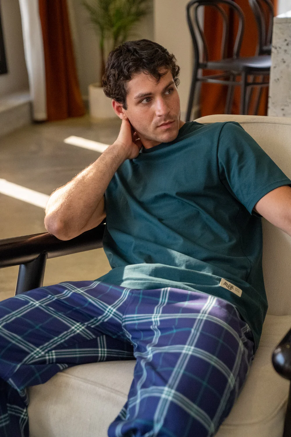 Men summer pajama set Dark Green T-shirt + Dark Blue X Dark Green plaid Pants - Image 2