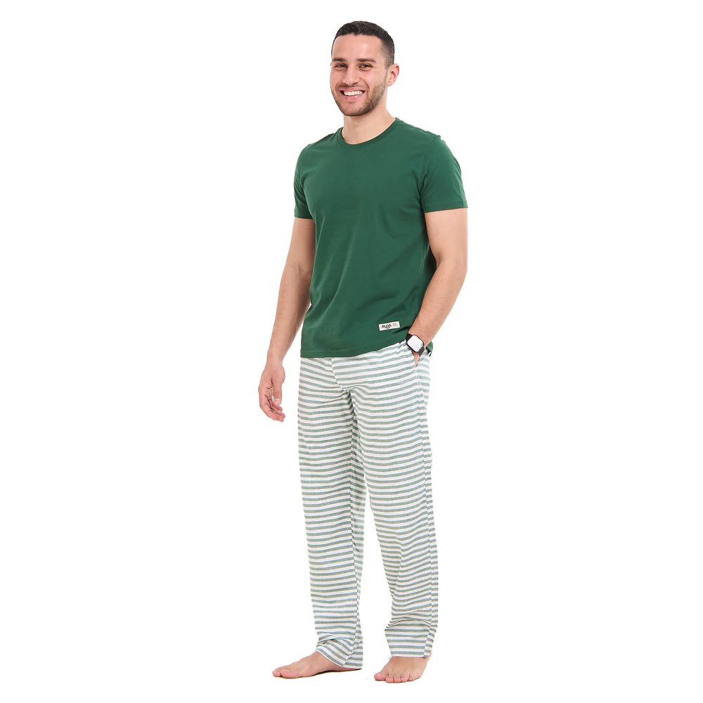 Men summer pajama set Dark Green T-shirt + Dark Green stripes Pants - Image 2