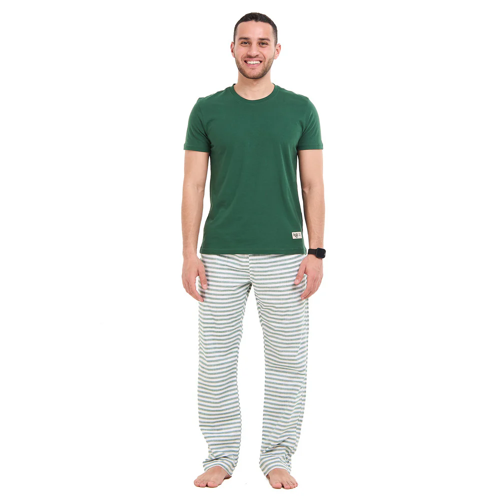 Men summer pajama set Dark Green T-shirt + Dark Green stripes Pants - Image 4