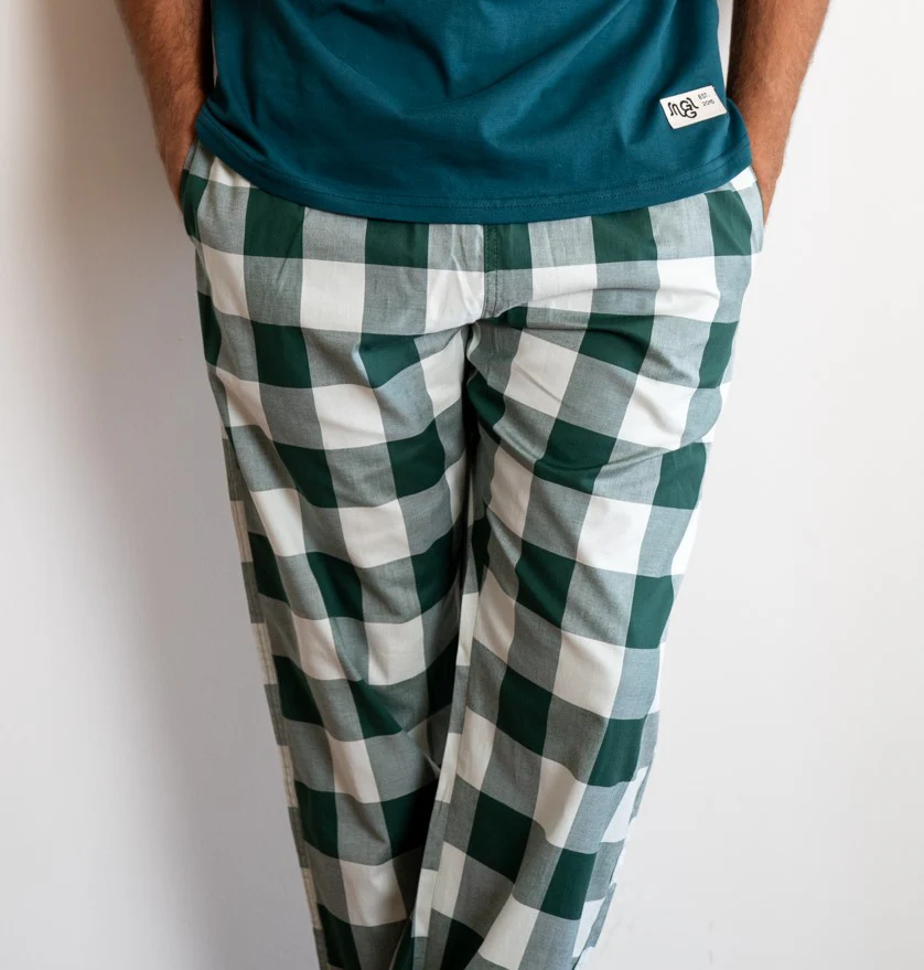 Men Summer Pants Checkered White X Green