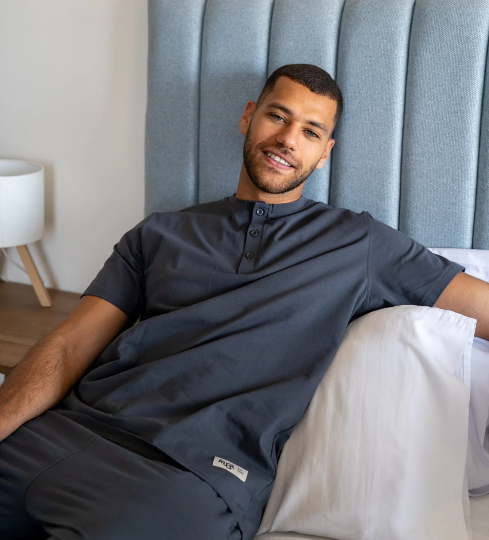 Men Summer Pajama Set Dark Grey Buttoned Tee + Pants - Image 2