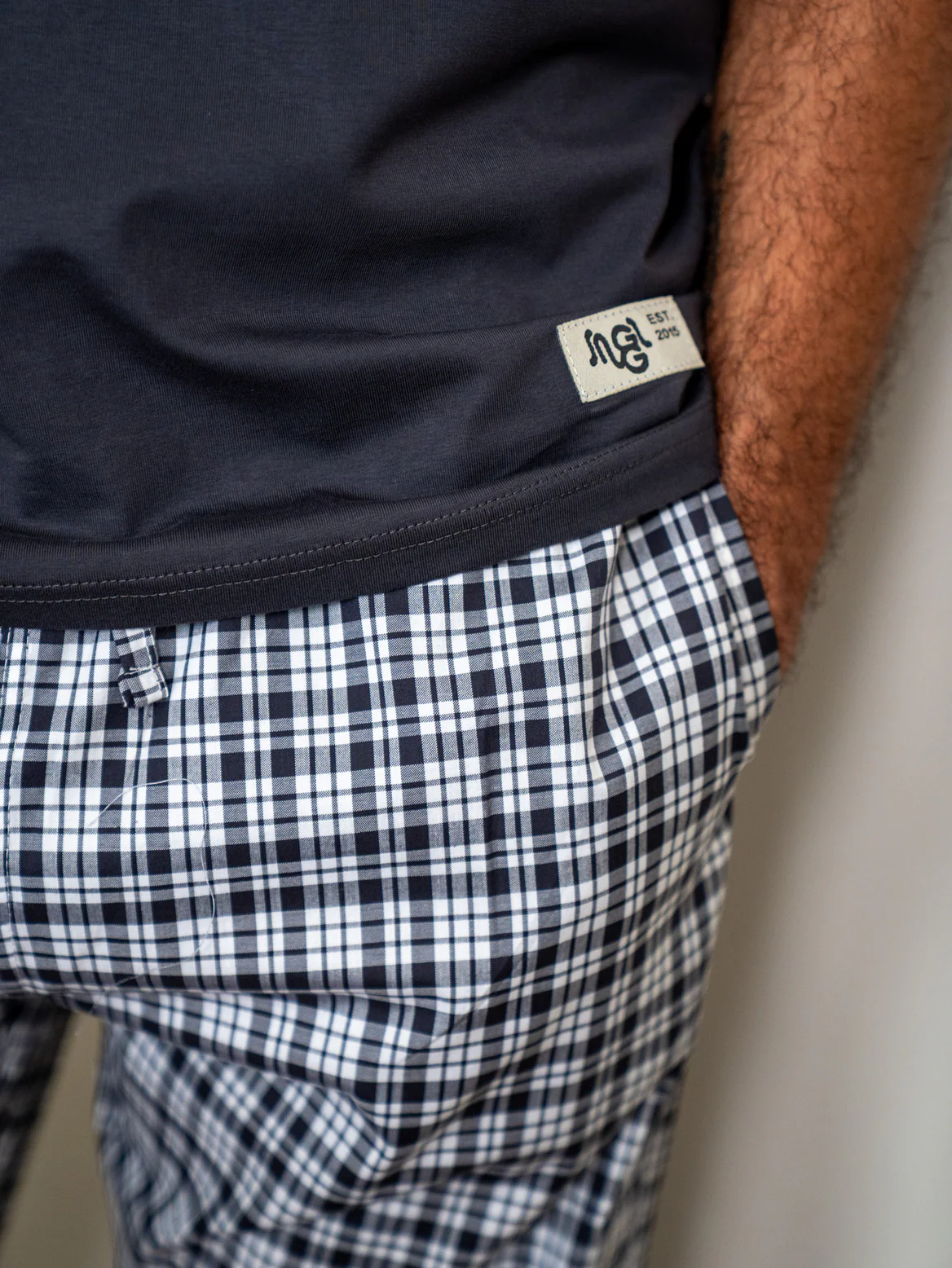 Men summer pajama set Dark Grey T-shirt + Black X White Checkered Pants - Image 2