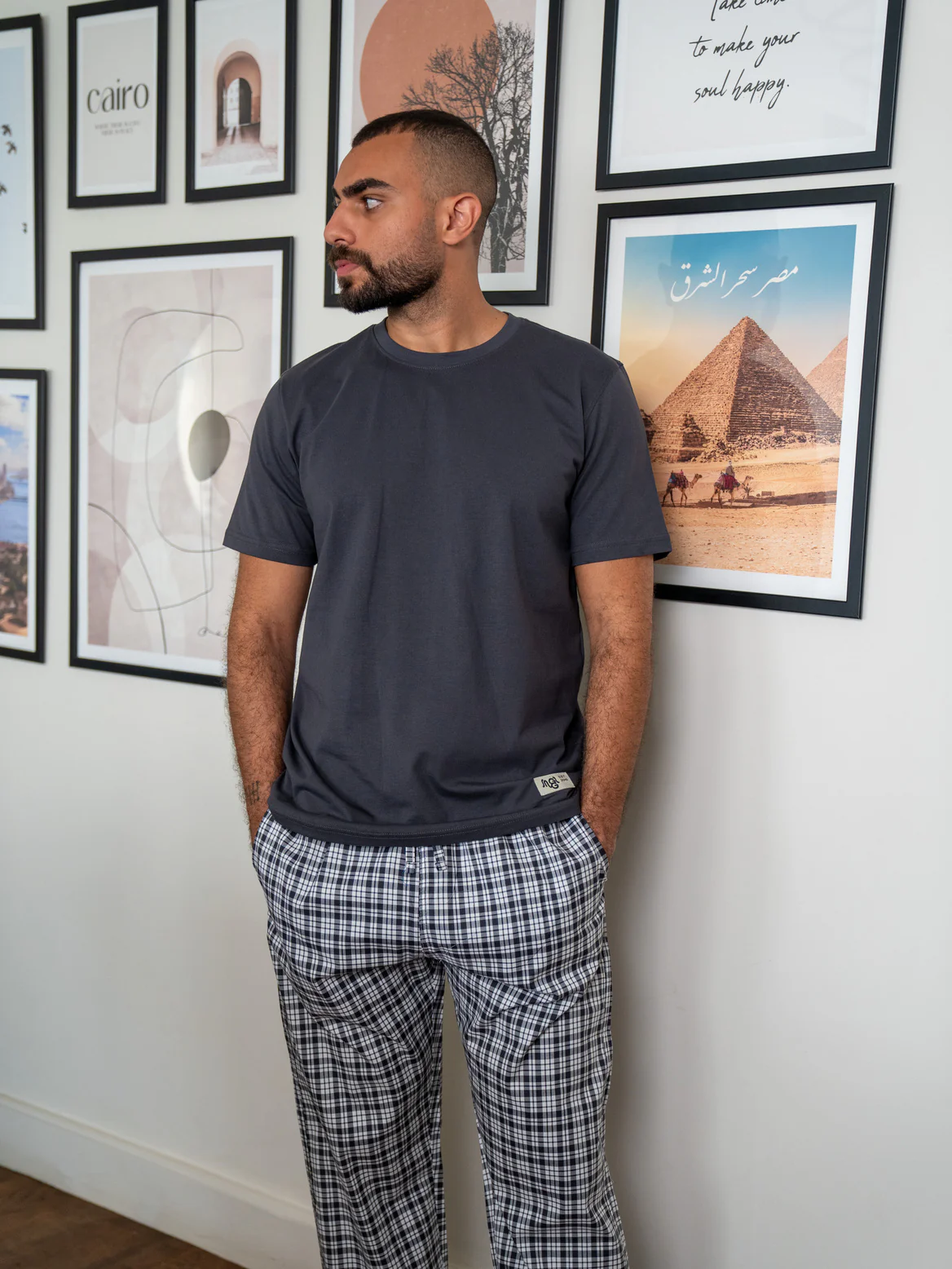 Men summer pajama set Dark Grey T-shirt + Black X White Checkered Pants - Image 3