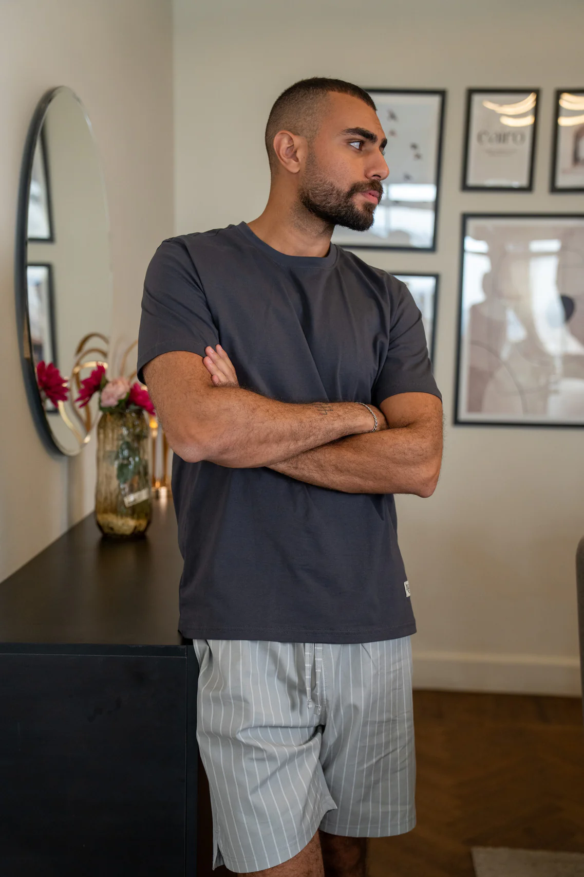 Men summer pajama set Dark Grey T-shirt + Light Grey X White Stripes Short - Image 3