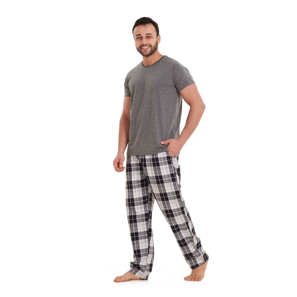 Men summer pajama set Dark Grey T-shirt +Off white x grey checkered pants - Image 2