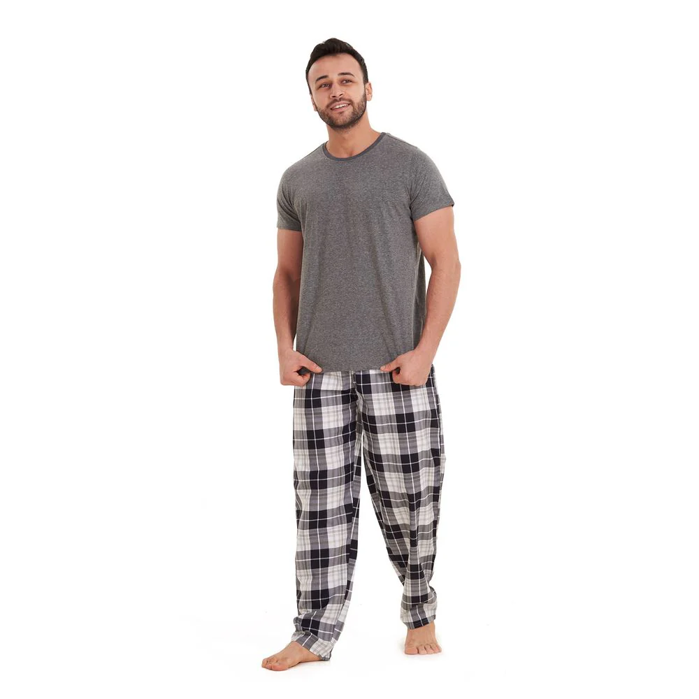 Men summer pajama set Dark Grey T-shirt +Off white x grey checkered pants - Image 3