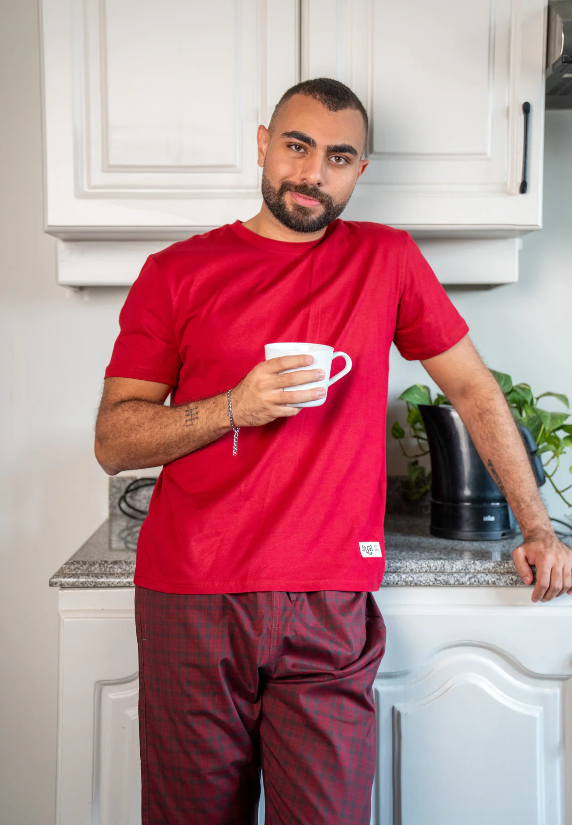 Men summer pajama set Dark Red T-shirt + Black X Dark Red Checkered Pants - Image 2