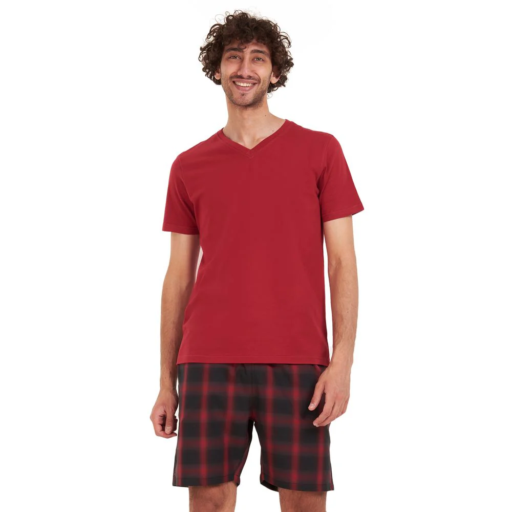 Men summer pajama set Dark red T-shirt + Black x red checkered short - Image 2