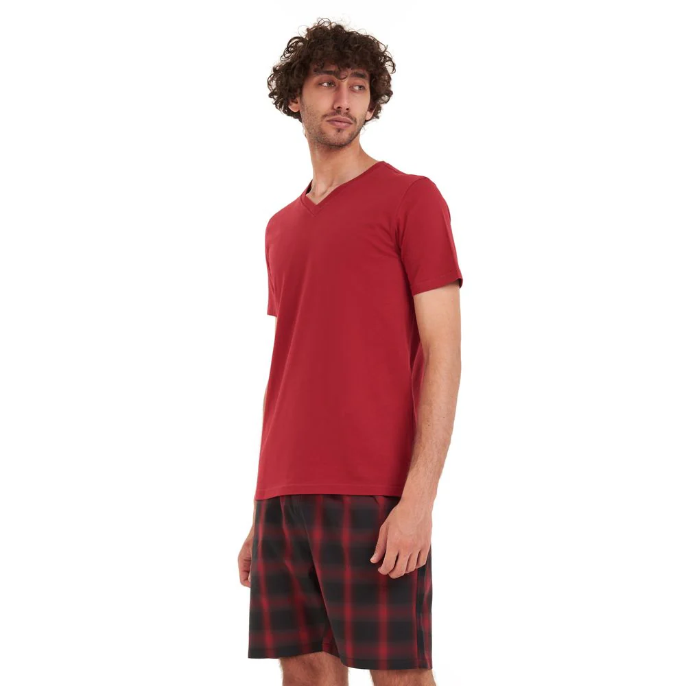 Men summer pajama set Dark red T-shirt + Black x red checkered short - Image 3