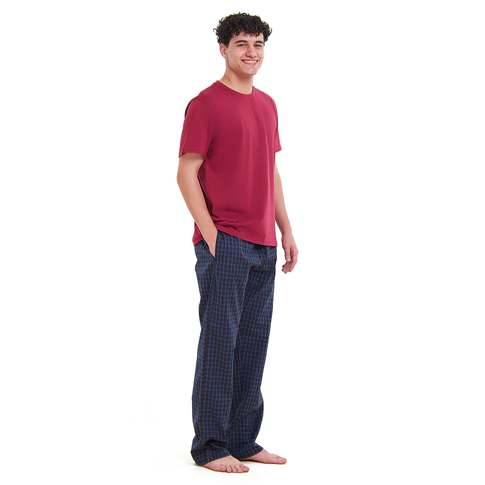 Men summer pajama set Dark Red T-shirt +Blue x Black checkered Pants - Image 2