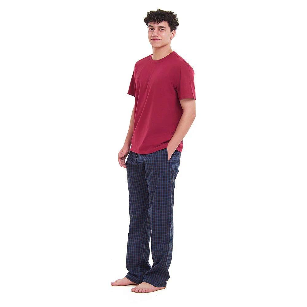 Men summer pajama set Dark Red T-shirt +Blue x Black checkered Pants - Image 3