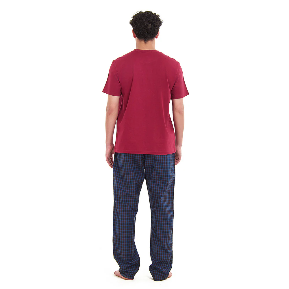 Men summer pajama set Dark Red T-shirt +Blue x Black checkered Pants - Image 4