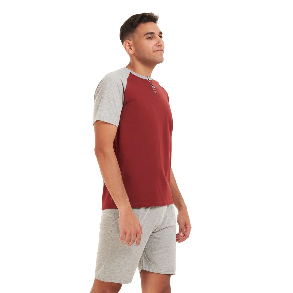 Men summer pajama set Dark red T-shirt + Grey short - Image 2