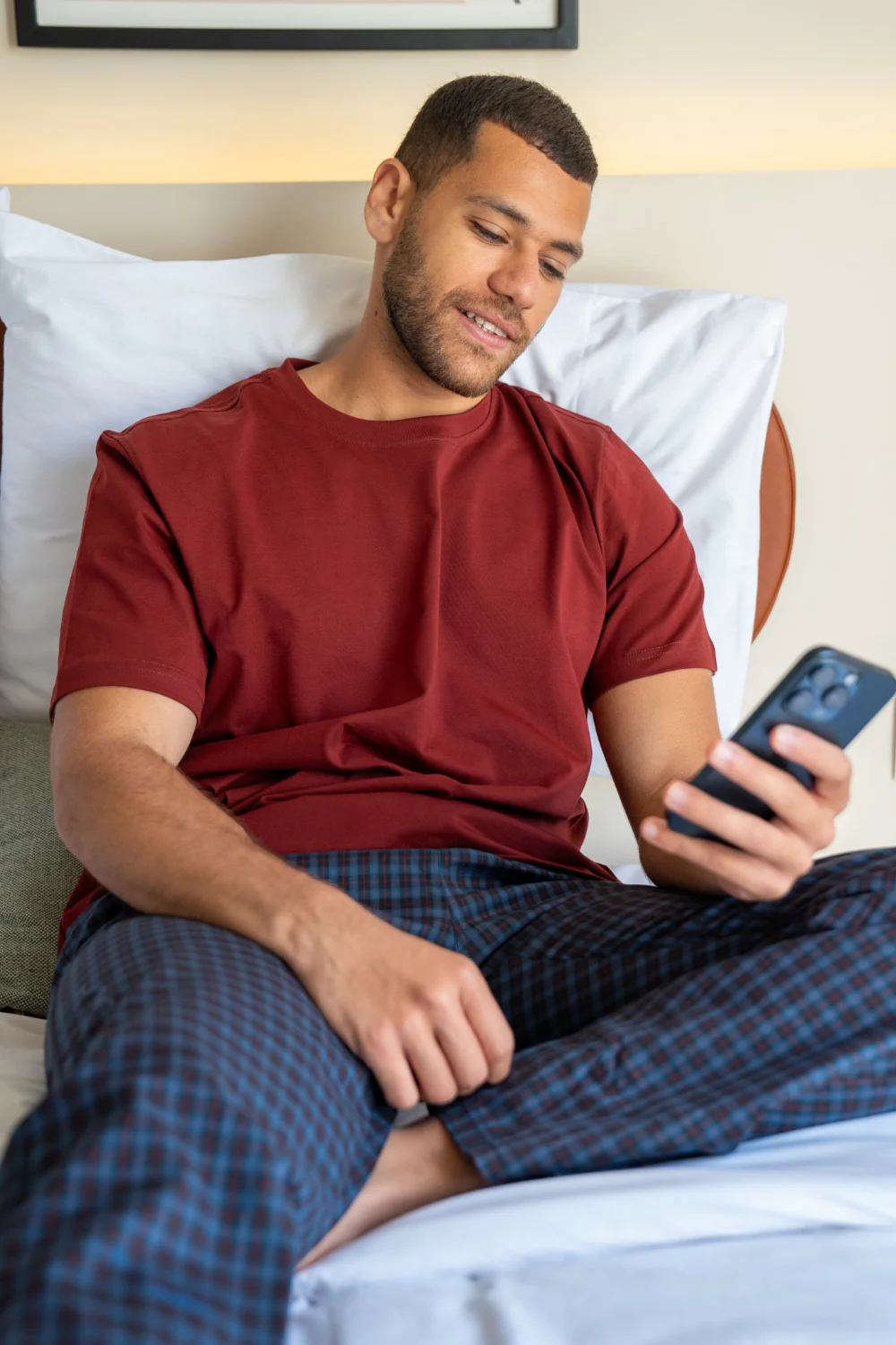 Men summer pajama set Dark Red T-shirt + Indigo X Red Tartan Pants