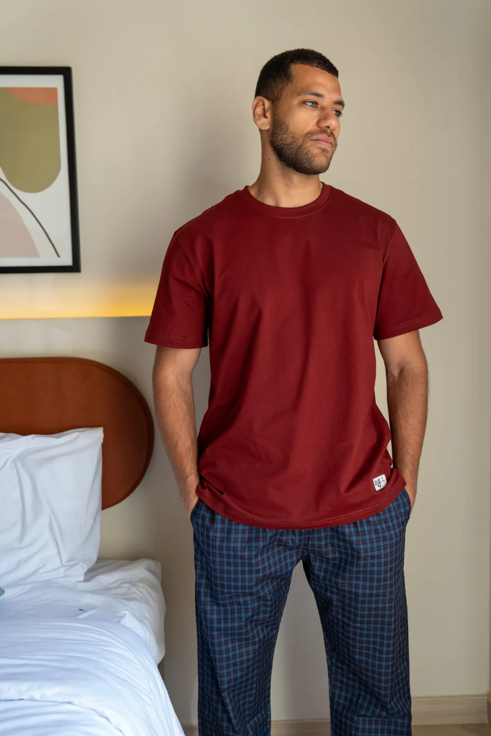 Men summer pajama set Dark Red T-shirt + Indigo X Red Tartan Pants - Image 2