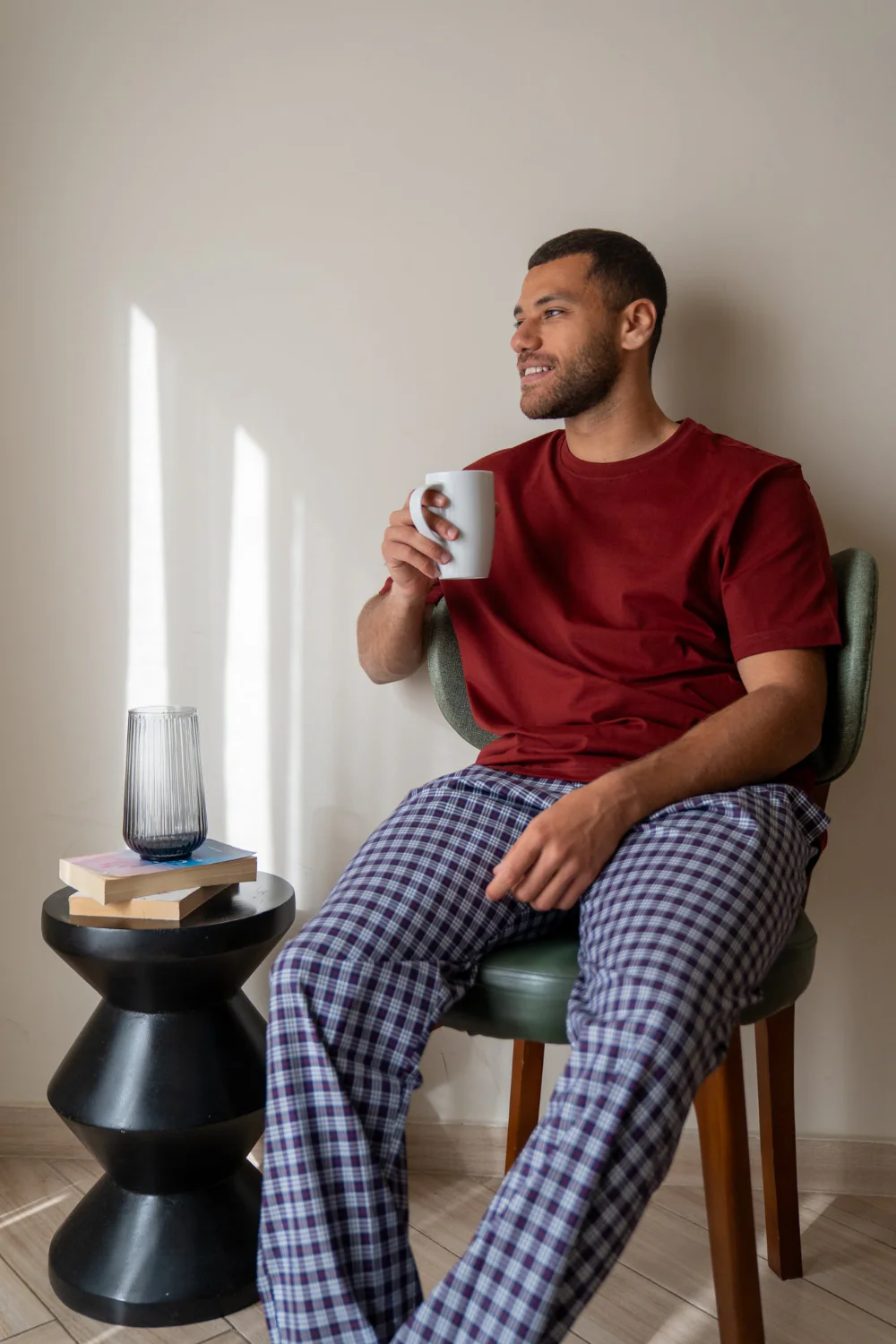 Men summer pajama set Dark Red T-shirt + Red X Navy Classic Checkered Pants - Image 2