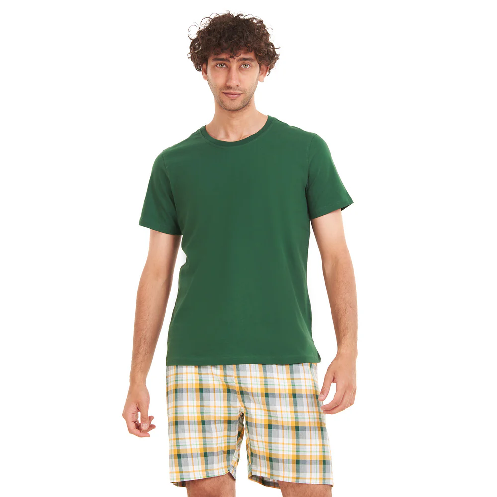 Men summer pajama set Green T-shirt + White x Green Checkered shorts - Image 2