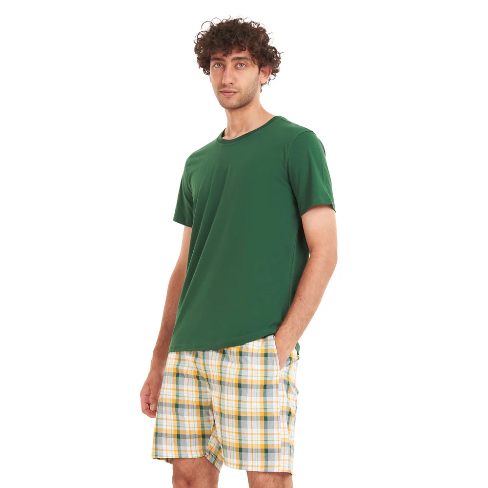 Men summer pajama set Green T-shirt + White x Green Checkered shorts - Image 3