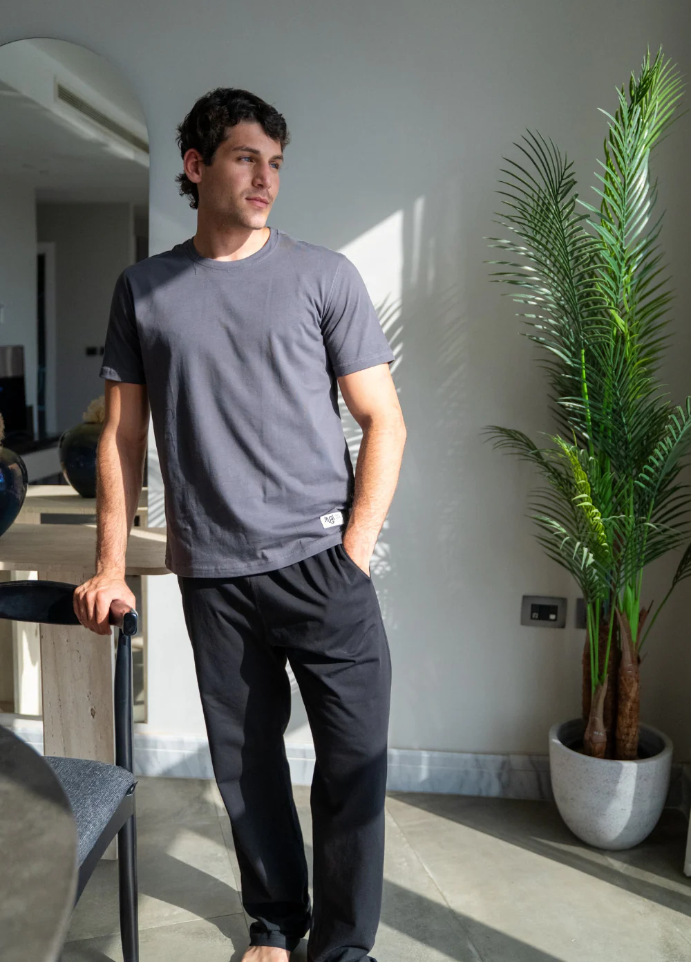 Men summer pajama set Grey T-shirt + Black Pants - Image 2