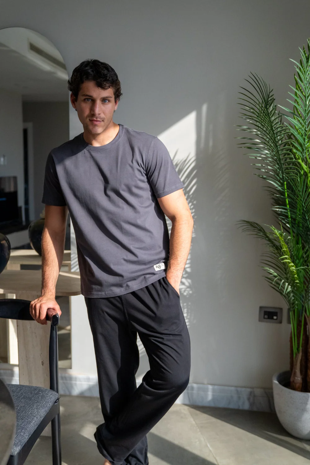 Men summer pajama set Grey T-shirt + Black Pants - Image 3