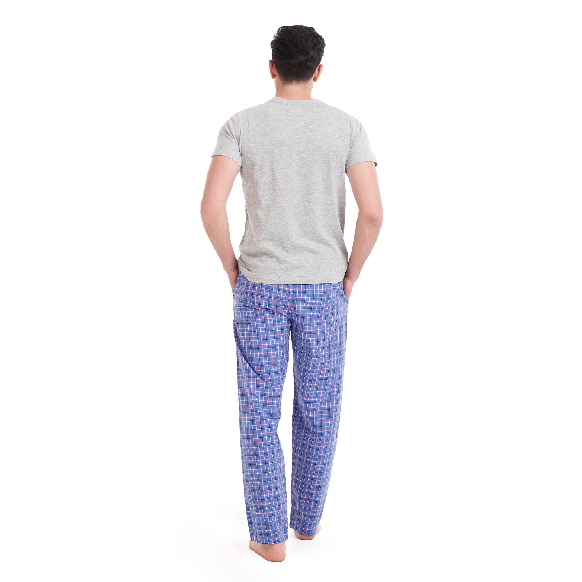 Men summer pajama set Grey T-shirt +Blue x Light Red checkered pants - Image 2