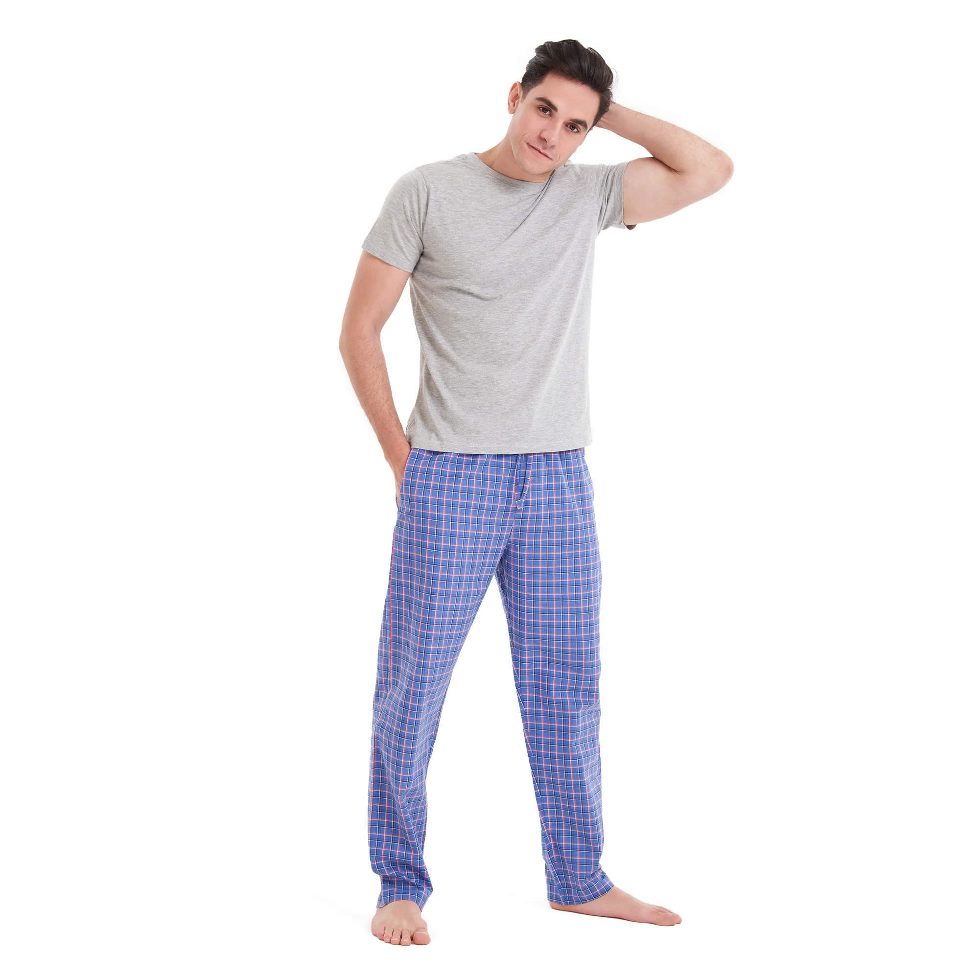 Men summer pajama set Grey T-shirt +Blue x Light Red checkered pants - Image 3