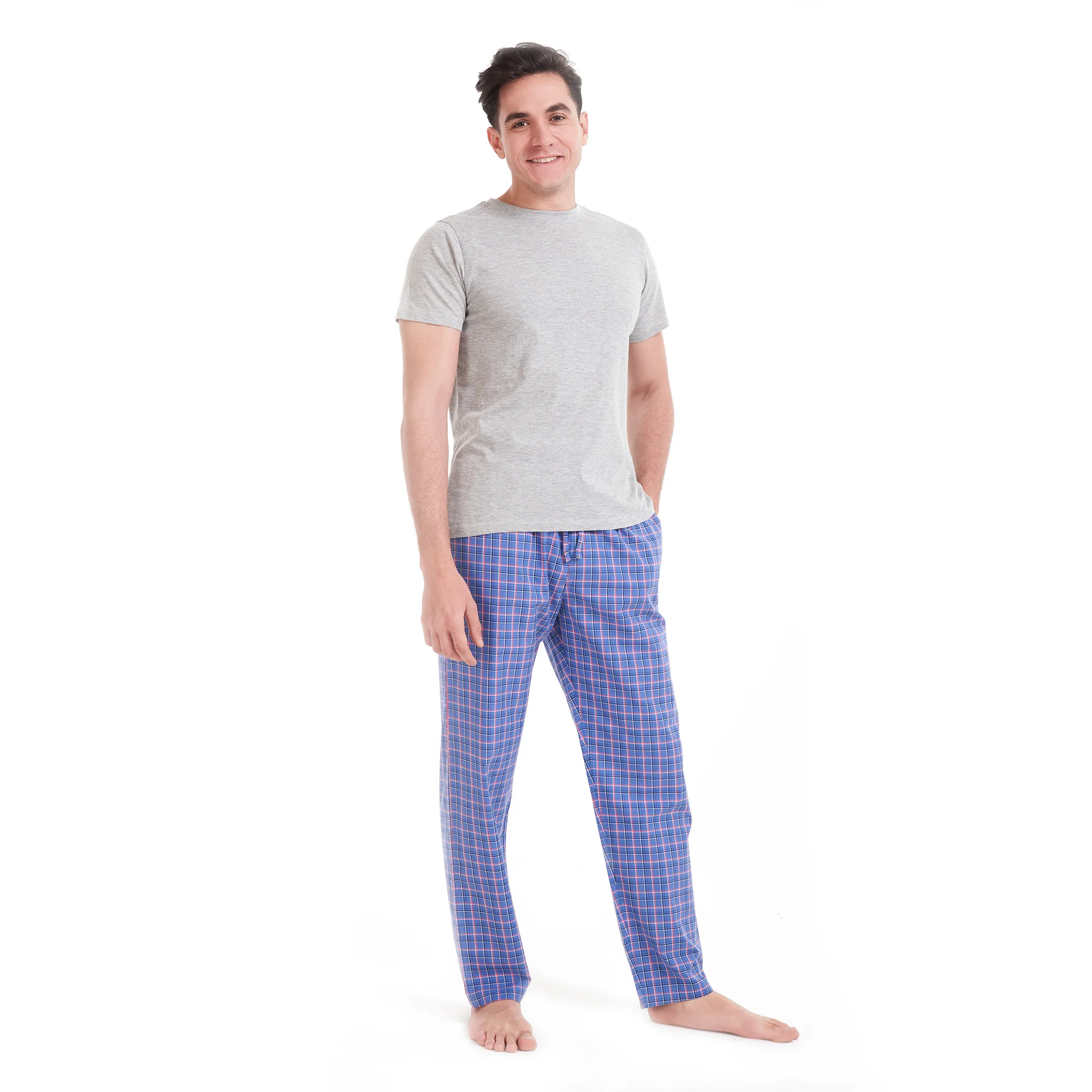 Men summer pajama set Grey T-shirt +Blue x Light Red checkered pants - Image 4