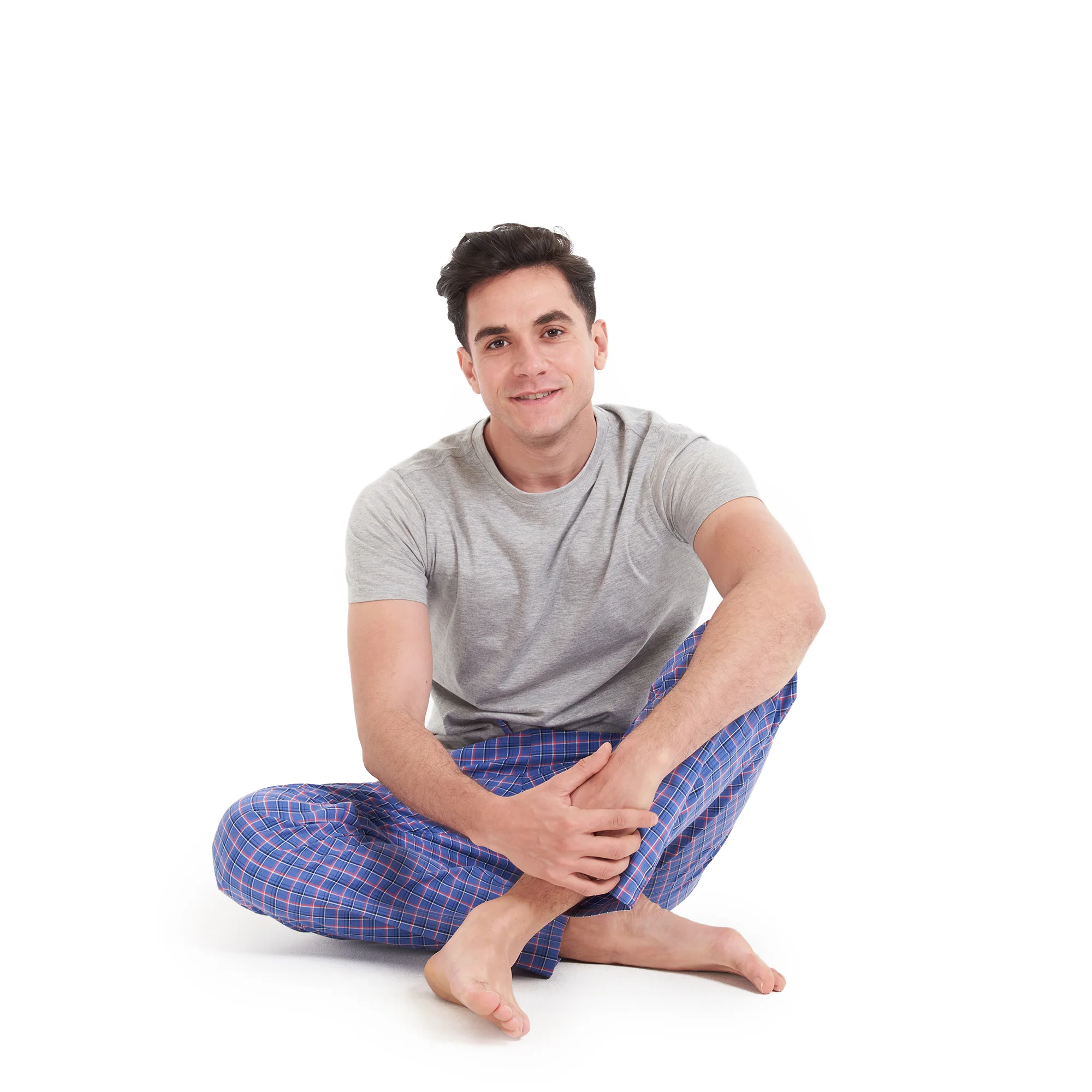 Men summer pajama set Grey T-shirt +Blue x Light Red checkered pants - Image 5