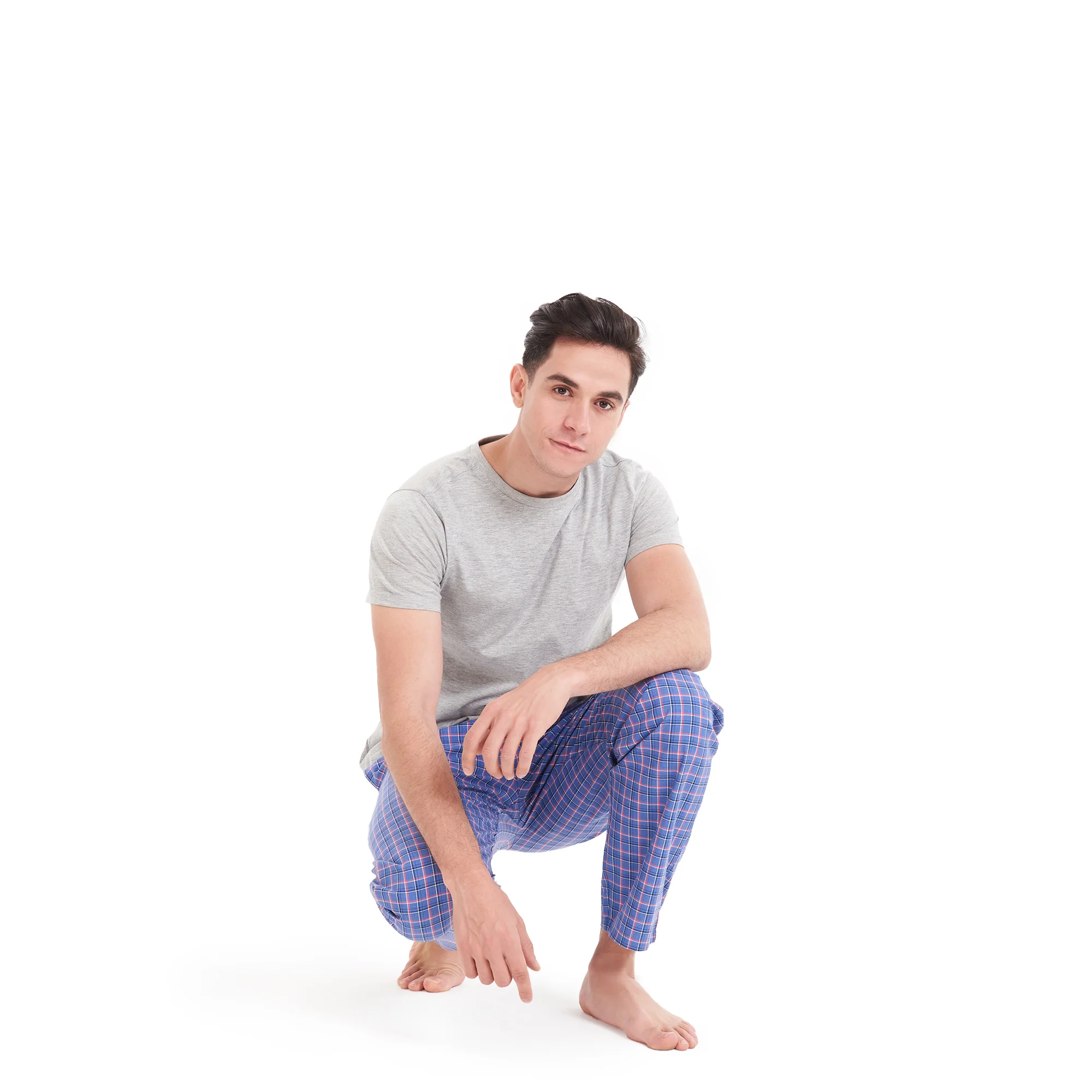 Men summer pajama set Grey T-shirt +Blue x Light Red checkered pants - Image 6