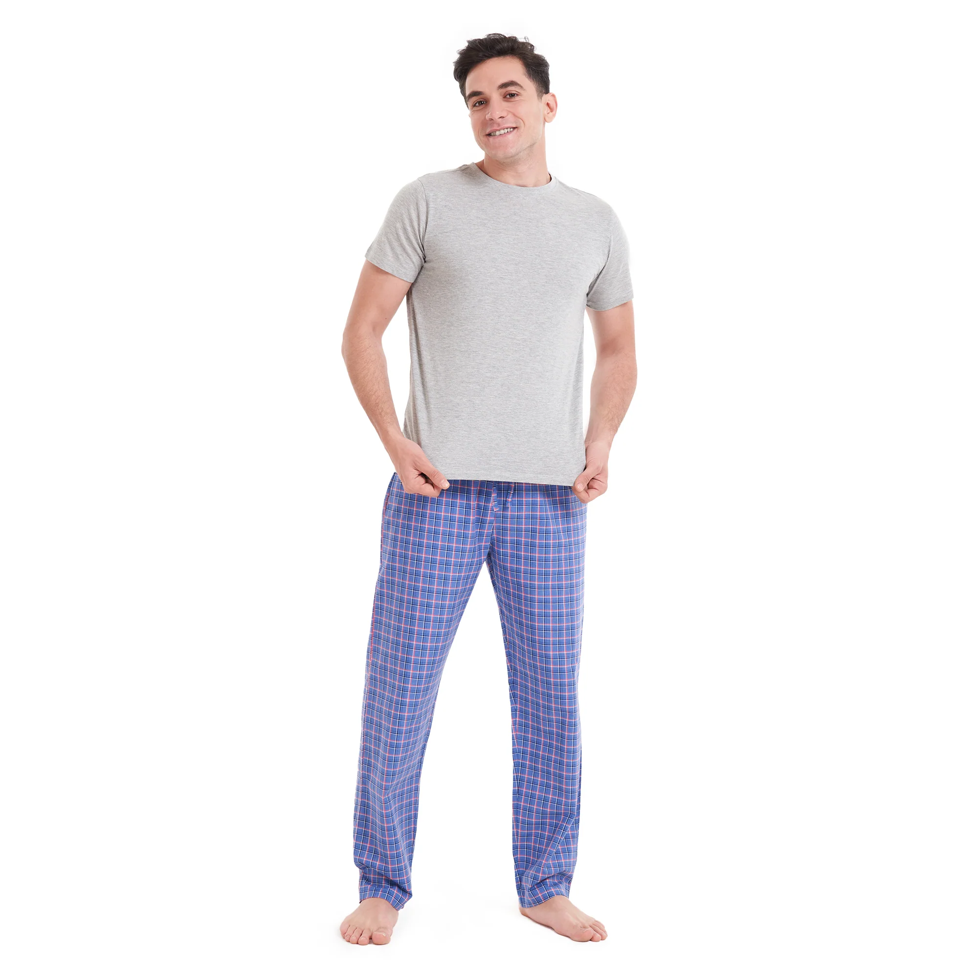 Men summer pajama set Grey T-shirt +Blue x Light Red checkered pants - Image 7