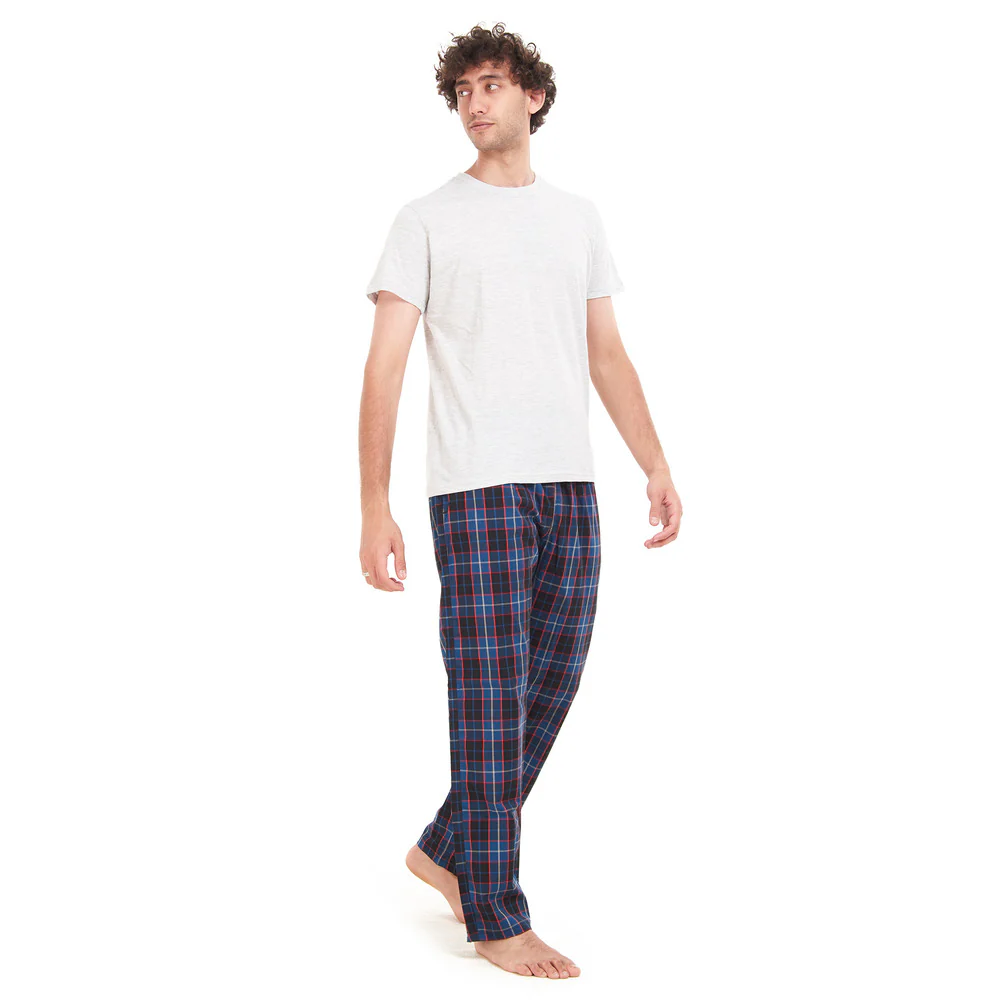 Men summer pajama set Grey T-shirt + Dark Blue x Indigo Checkered pants - Image 2