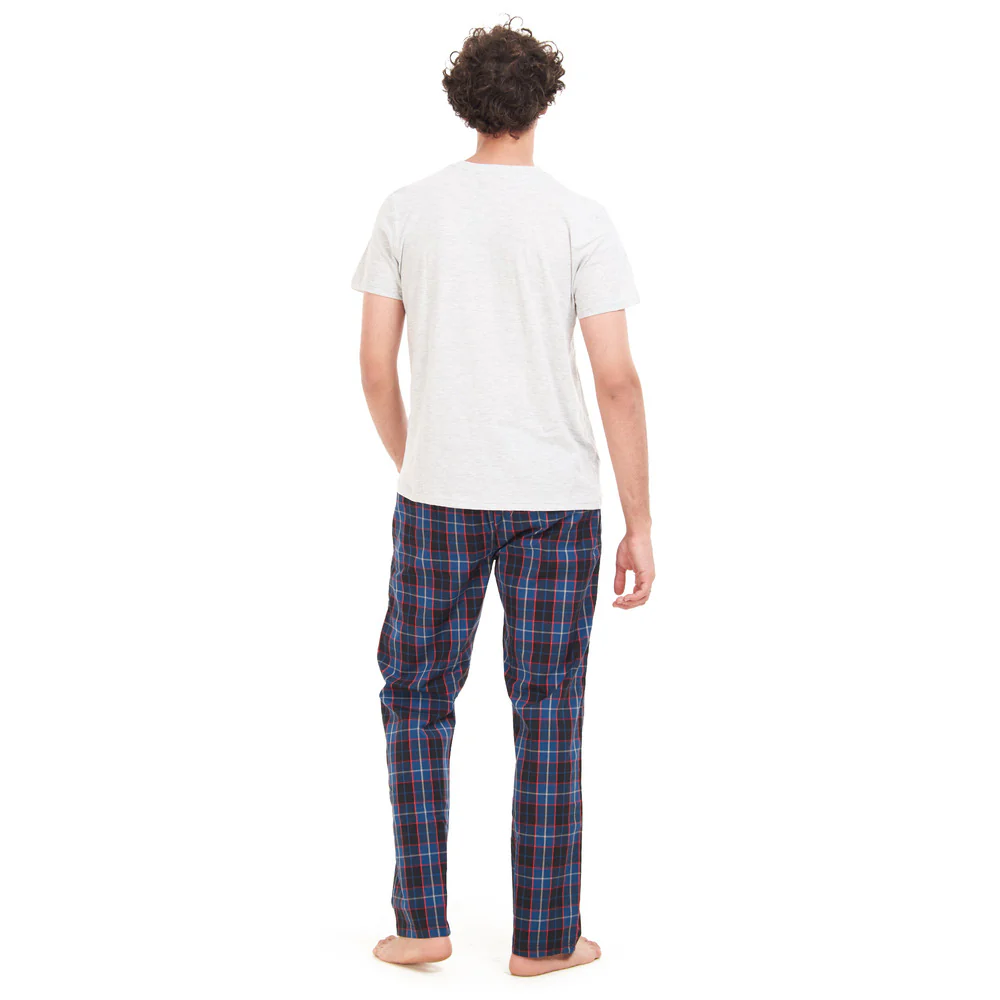 Men summer pajama set Grey T-shirt + Dark Blue x Indigo Checkered pants - Image 3